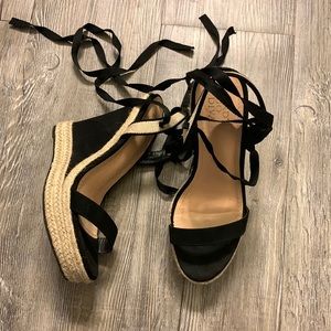 Black Lace Up Wedges Lady Go Diva Sz 7